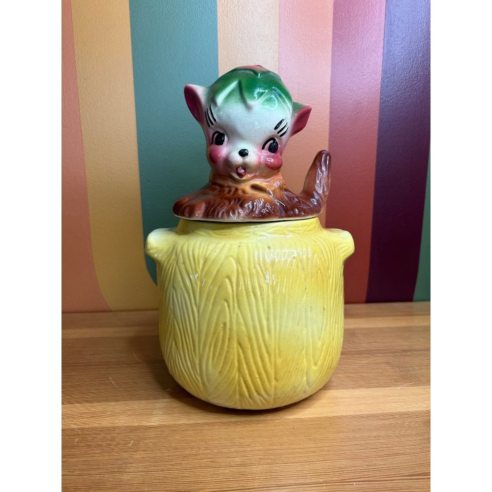 Vintage American Bisque ceramic puppy in a pot cookie jar ceramic1950s kitschy